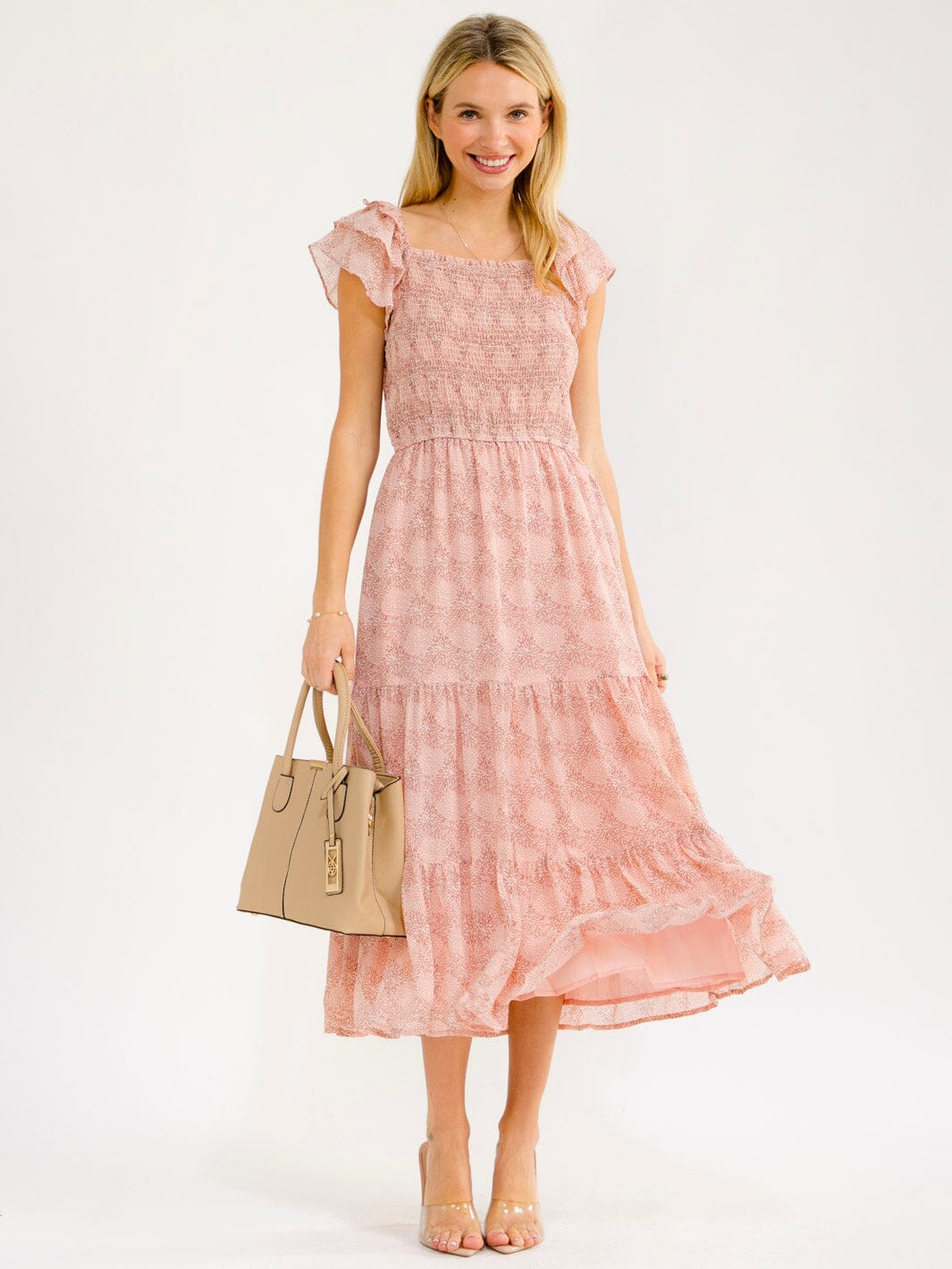 WOMEN'S SHORT RUFFLE SLEEVE SMOCK TIERED PRINT MAXI DRESS