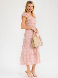 WOMEN'S SHORT RUFFLE SLEEVE SMOCK TIERED PRINT MAXI DRESS
