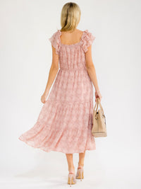 WOMEN'S SHORT RUFFLE SLEEVE SMOCK TIERED PRINT MAXI DRESS