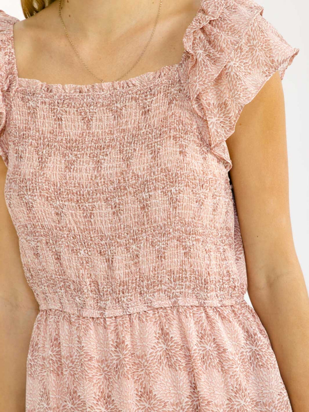 WOMEN'S SHORT RUFFLE SLEEVE SMOCK TIERED PRINT MAXI DRESS