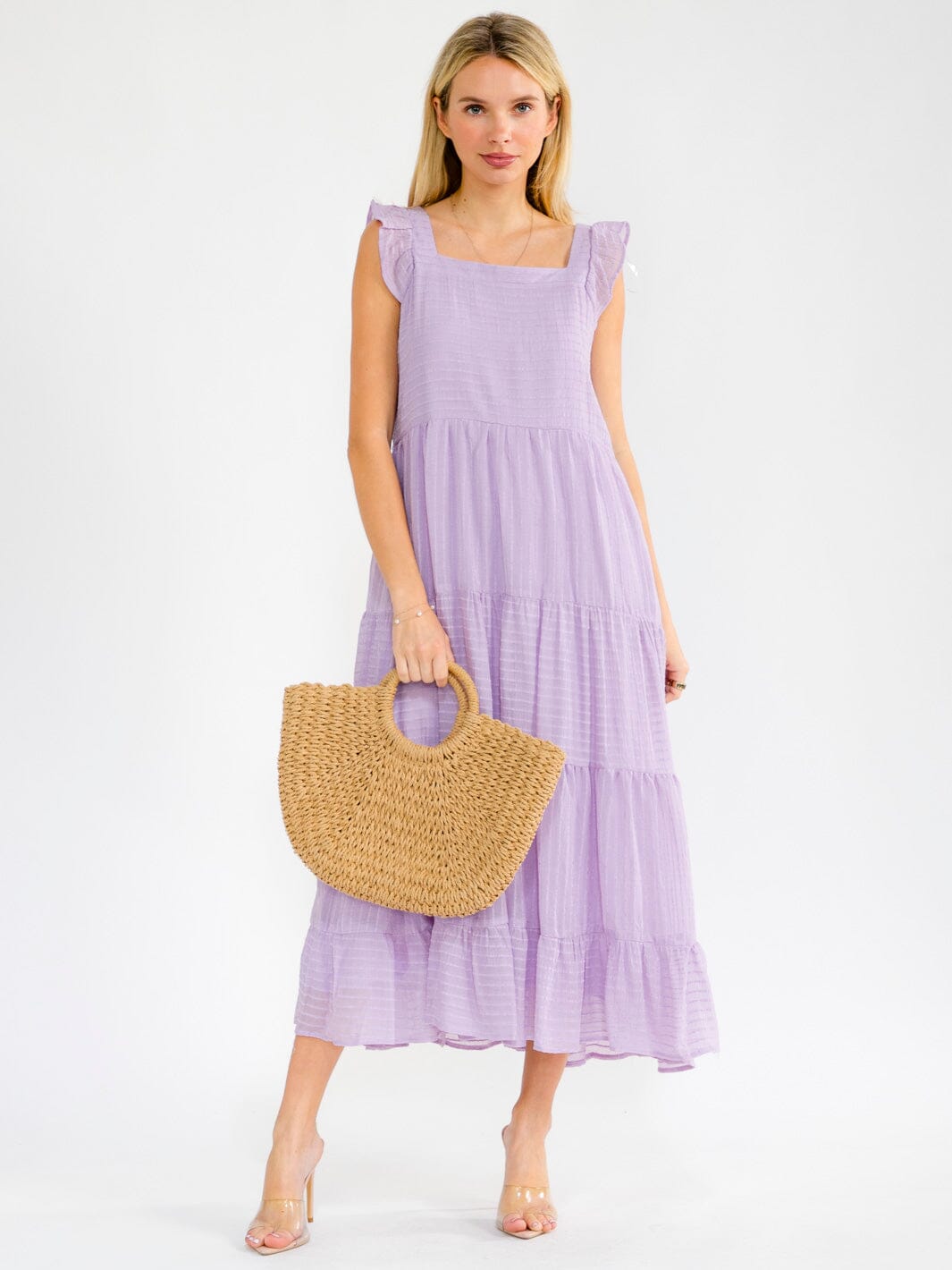 WOMEN'S SLEEVELESS SQUARE NECK FRONT POCKETS TIERED MAXI DRESS