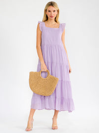 WOMEN'S SLEEVELESS SQUARE NECK FRONT POCKETS TIERED MAXI DRESS