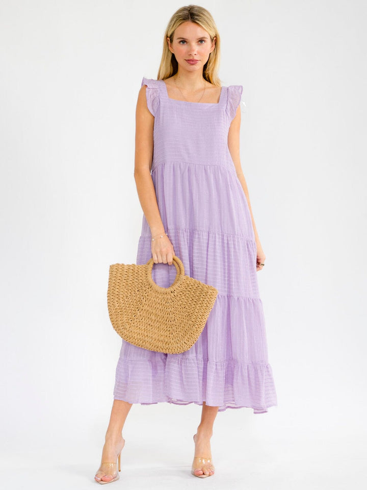 WOMEN'S SLEEVELESS SQUARE NECK FRONT POCKETS TIERED MAXI DRESS