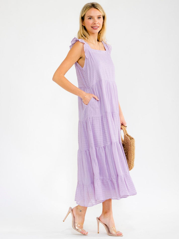 WOMEN'S SLEEVELESS SQUARE NECK FRONT POCKETS TIERED MAXI DRESS