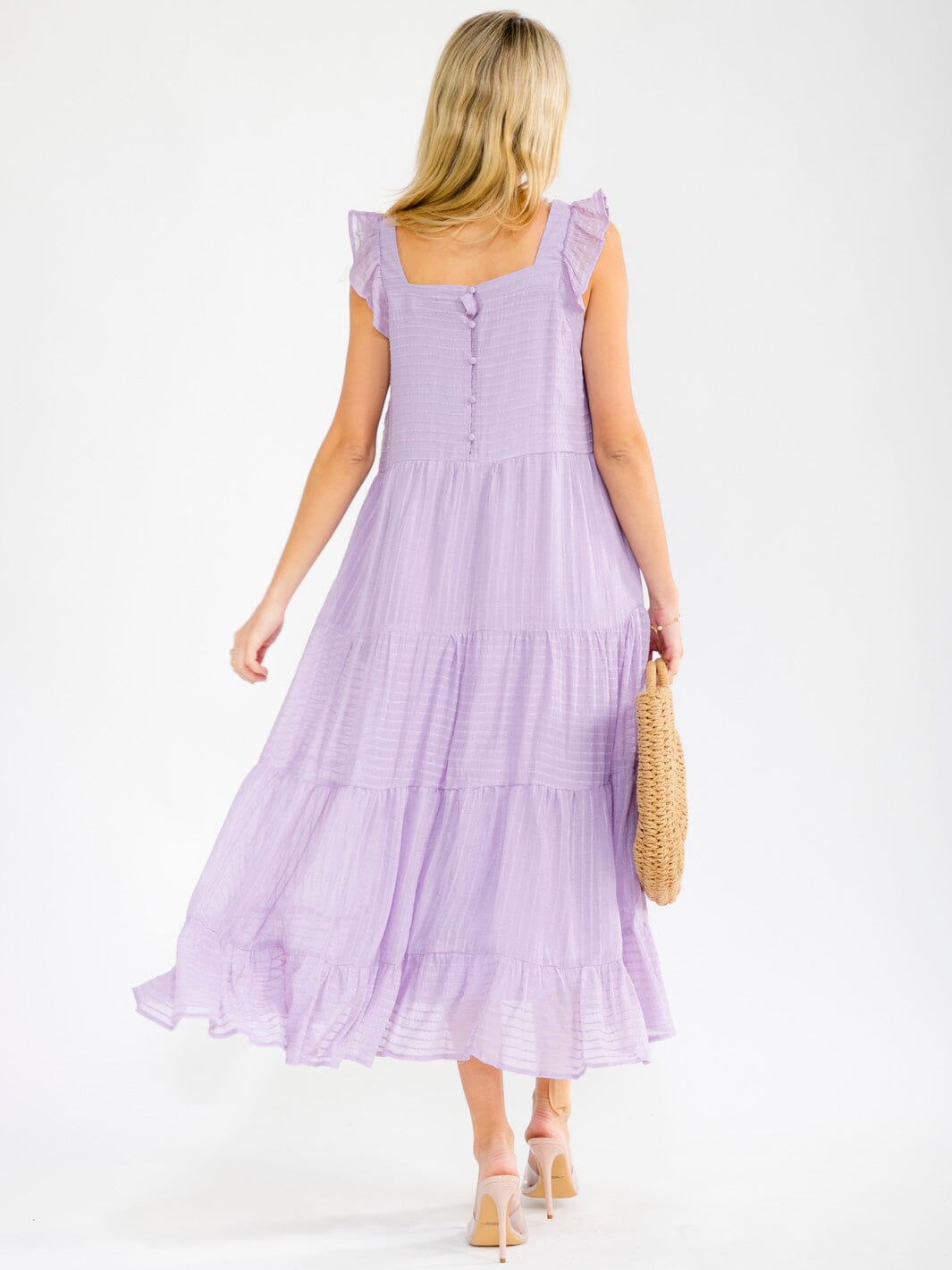 WOMEN'S SLEEVELESS SQUARE NECK FRONT POCKETS TIERED MAXI DRESS