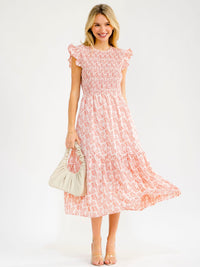 WOMEN'S RUFFLE SLEEVE SMOCK TIERED FLORAL MAXI DRESS