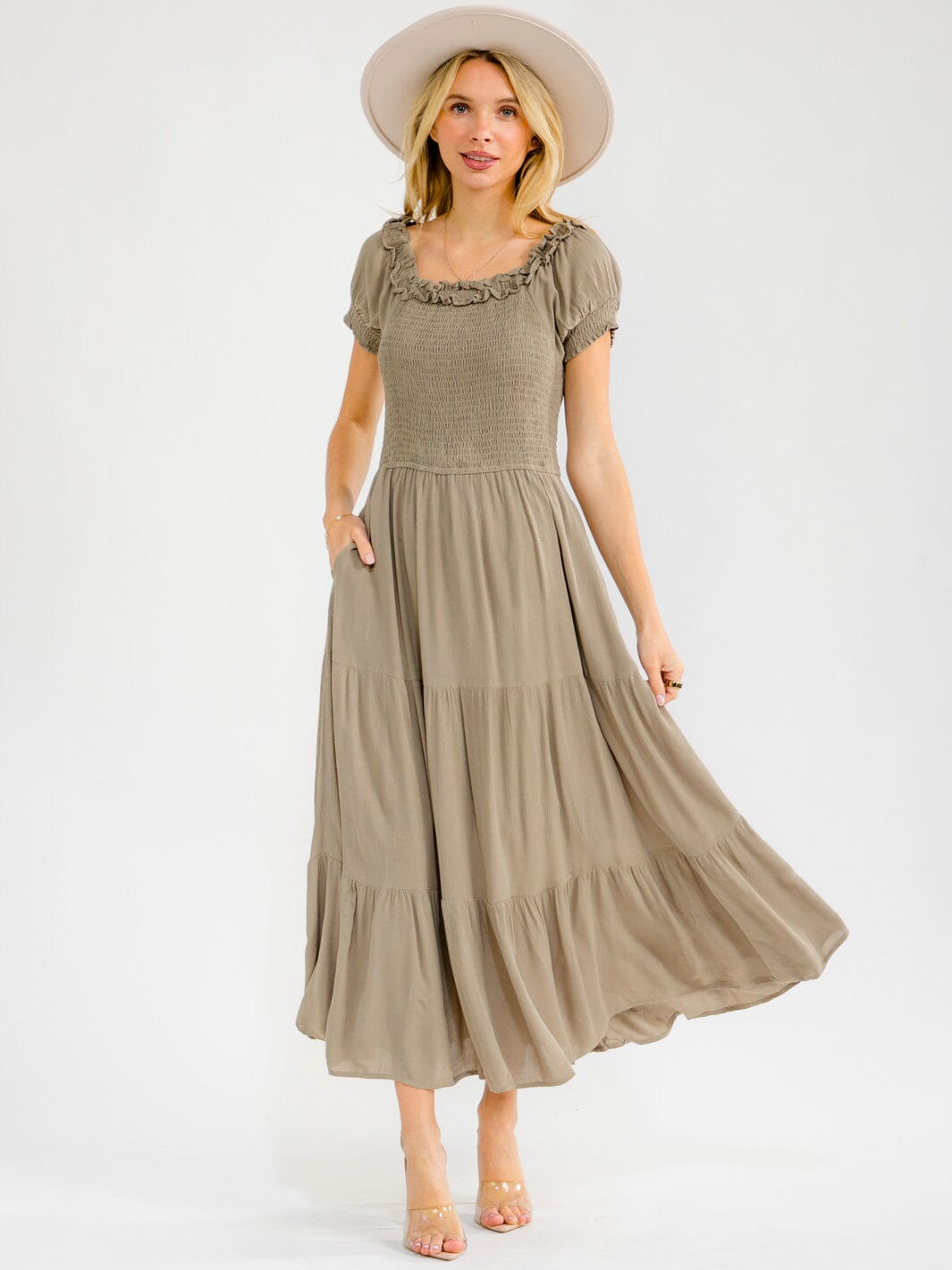 WOMEN'S SHORT SLEEVE FRONT POCKETS SMOCK TIERED MAXI DRESS