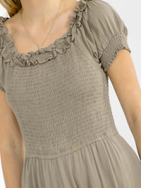 WOMEN'S SHORT SLEEVE FRONT POCKETS SMOCK TIERED MAXI DRESS