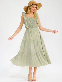 WOMEN'S SLEEVELESS SMOCK SQUARE NECK FRONT POCKETS RUFFLE TIERED PLAID MAXI DRESS
