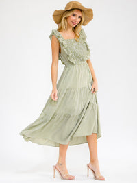 WOMEN'S SLEEVELESS SMOCK SQUARE NECK FRONT POCKETS RUFFLE TIERED PLAID MAXI DRESS