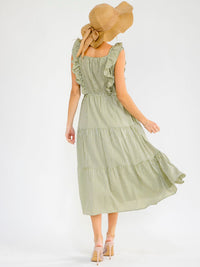 WOMEN'S SLEEVELESS SMOCK SQUARE NECK FRONT POCKETS RUFFLE TIERED PLAID MAXI DRESS