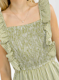 WOMEN'S SLEEVELESS SMOCK SQUARE NECK FRONT POCKETS RUFFLE TIERED PLAID MAXI DRESS