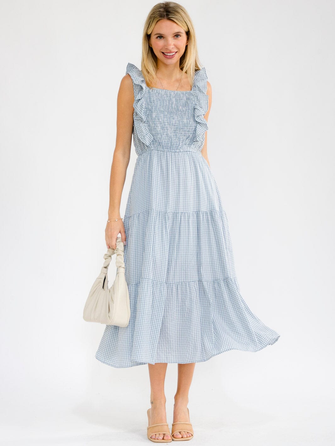 WOMEN'S SLEEVELESS SMOCK SQUARE NECK FRONT POCKETS RUFFLE TIERED PLAID MAXI DRESS