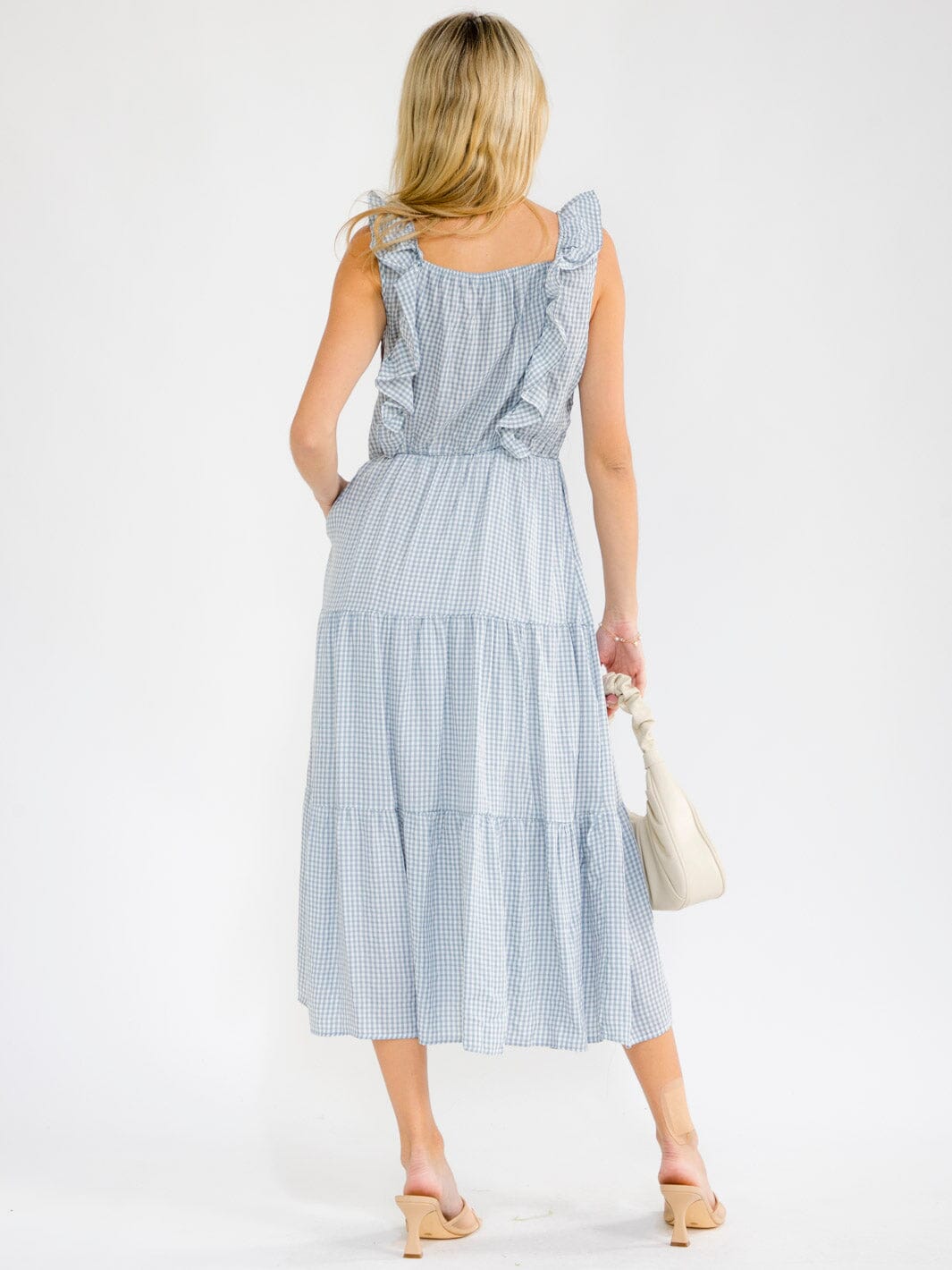 WOMEN'S SLEEVELESS SMOCK SQUARE NECK FRONT POCKETS RUFFLE TIERED PLAID MAXI DRESS