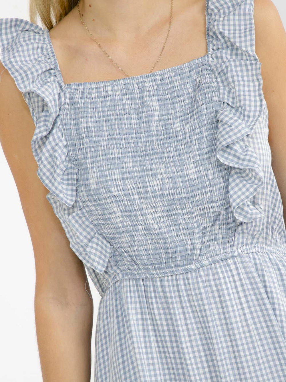 WOMEN'S SLEEVELESS SMOCK SQUARE NECK FRONT POCKETS RUFFLE TIERED PLAID MAXI DRESS