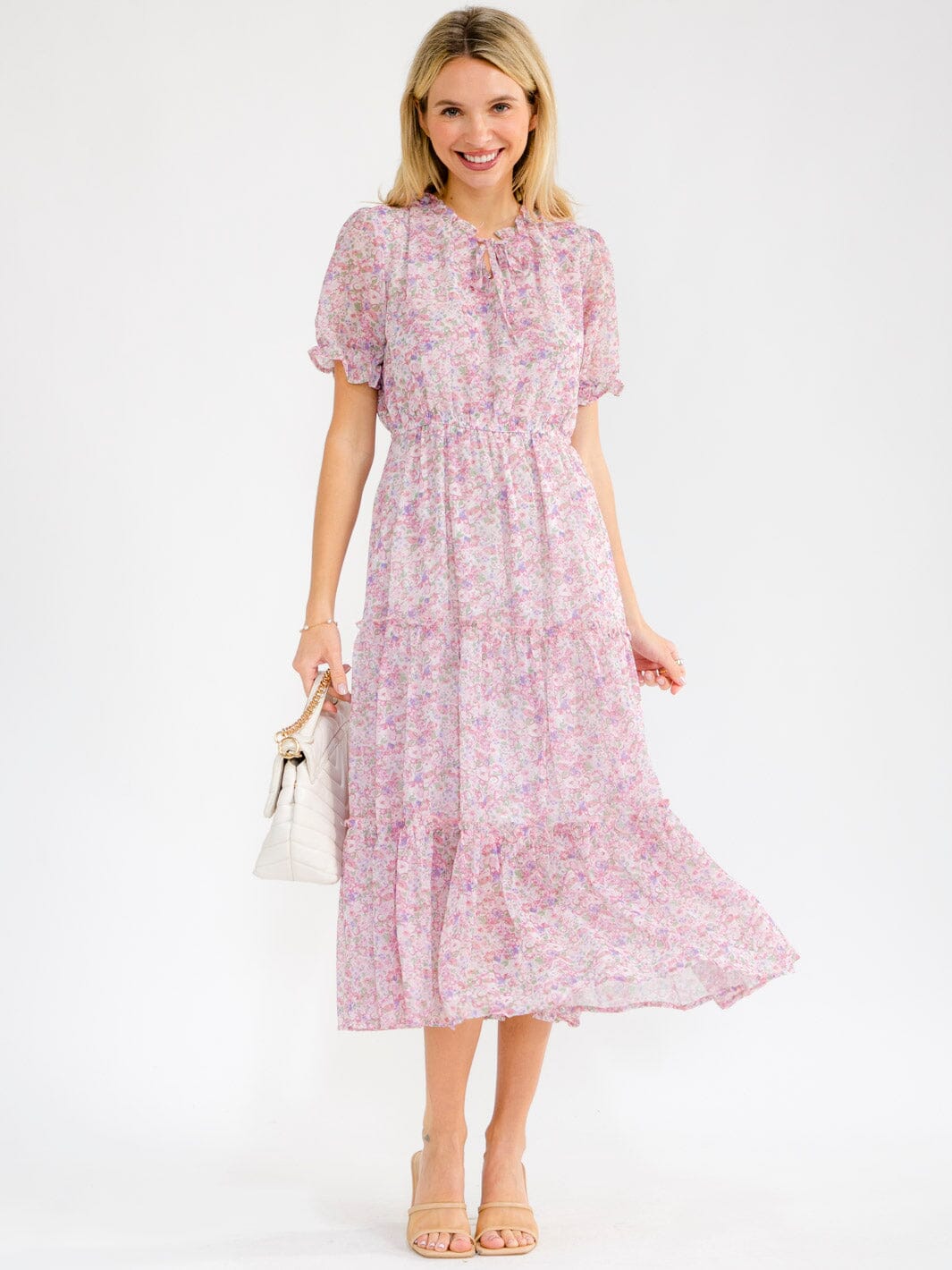 WOMEN'S SHORT SLEEVE ELASTIC WAIST TIERED FLORAL MAXI DRESS