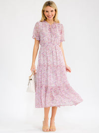 WOMEN'S SHORT SLEEVE ELASTIC WAIST TIERED FLORAL MAXI DRESS