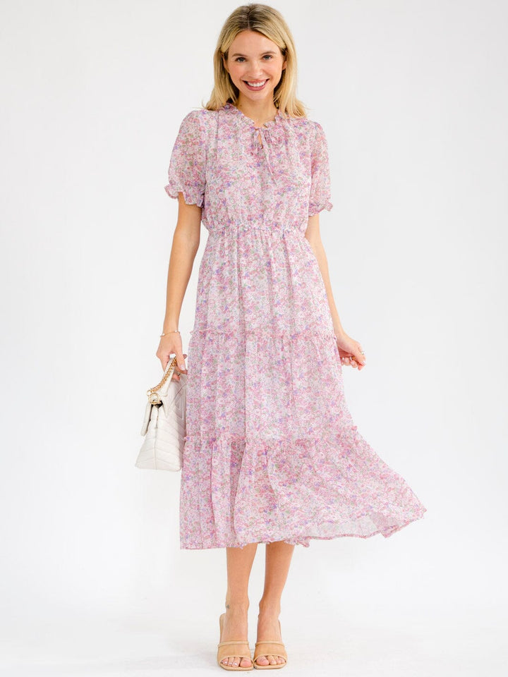 WOMEN'S SHORT SLEEVE ELASTIC WAIST TIERED FLORAL MAXI DRESS