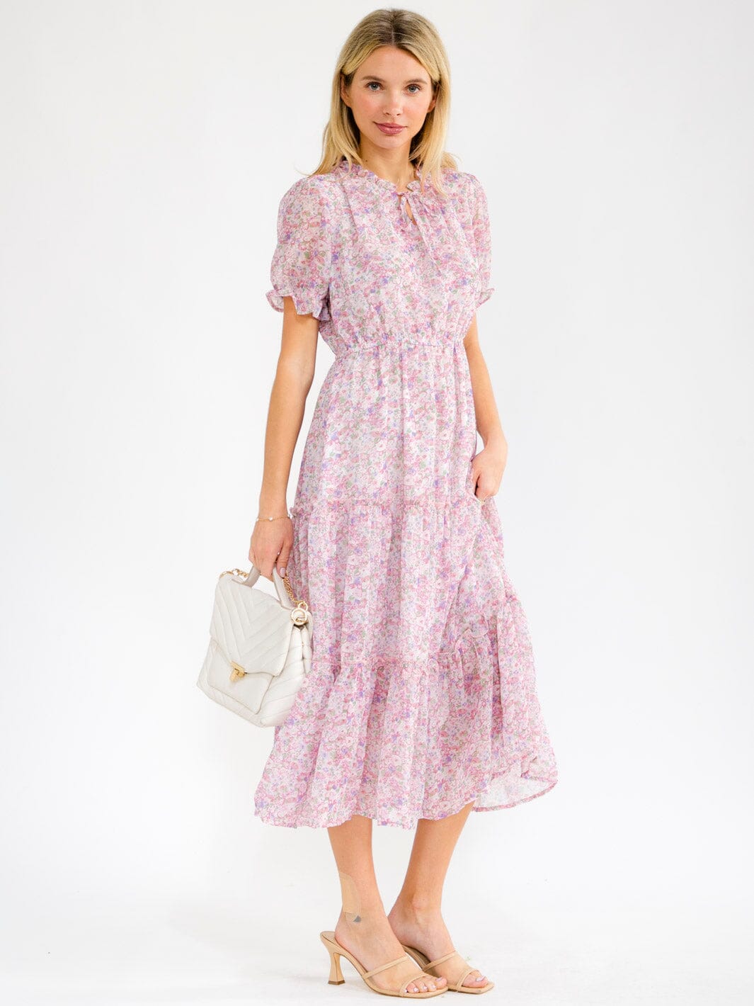 WOMEN'S SHORT SLEEVE ELASTIC WAIST TIERED FLORAL MAXI DRESS