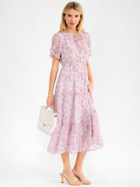 WOMEN'S SHORT SLEEVE ELASTIC WAIST TIERED FLORAL MAXI DRESS