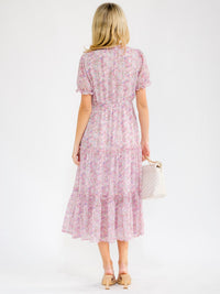 WOMEN'S SHORT SLEEVE ELASTIC WAIST TIERED FLORAL MAXI DRESS
