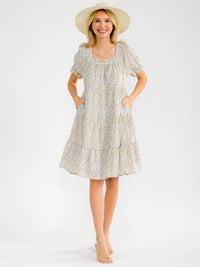 WOMEN'S SHORT SLEEVE SQUARE NECK FRONT POCKETS TIERED LOOSE FIT TUNIC FLORAL MINI DRESS