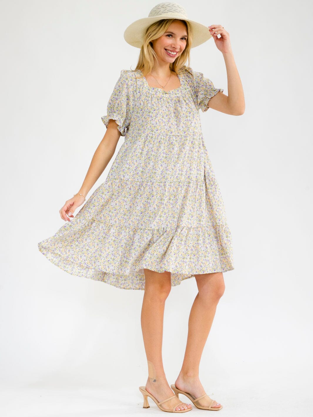 WOMEN'S SHORT SLEEVE SQUARE NECK FRONT POCKETS TIERED LOOSE FIT TUNIC FLORAL MINI DRESS