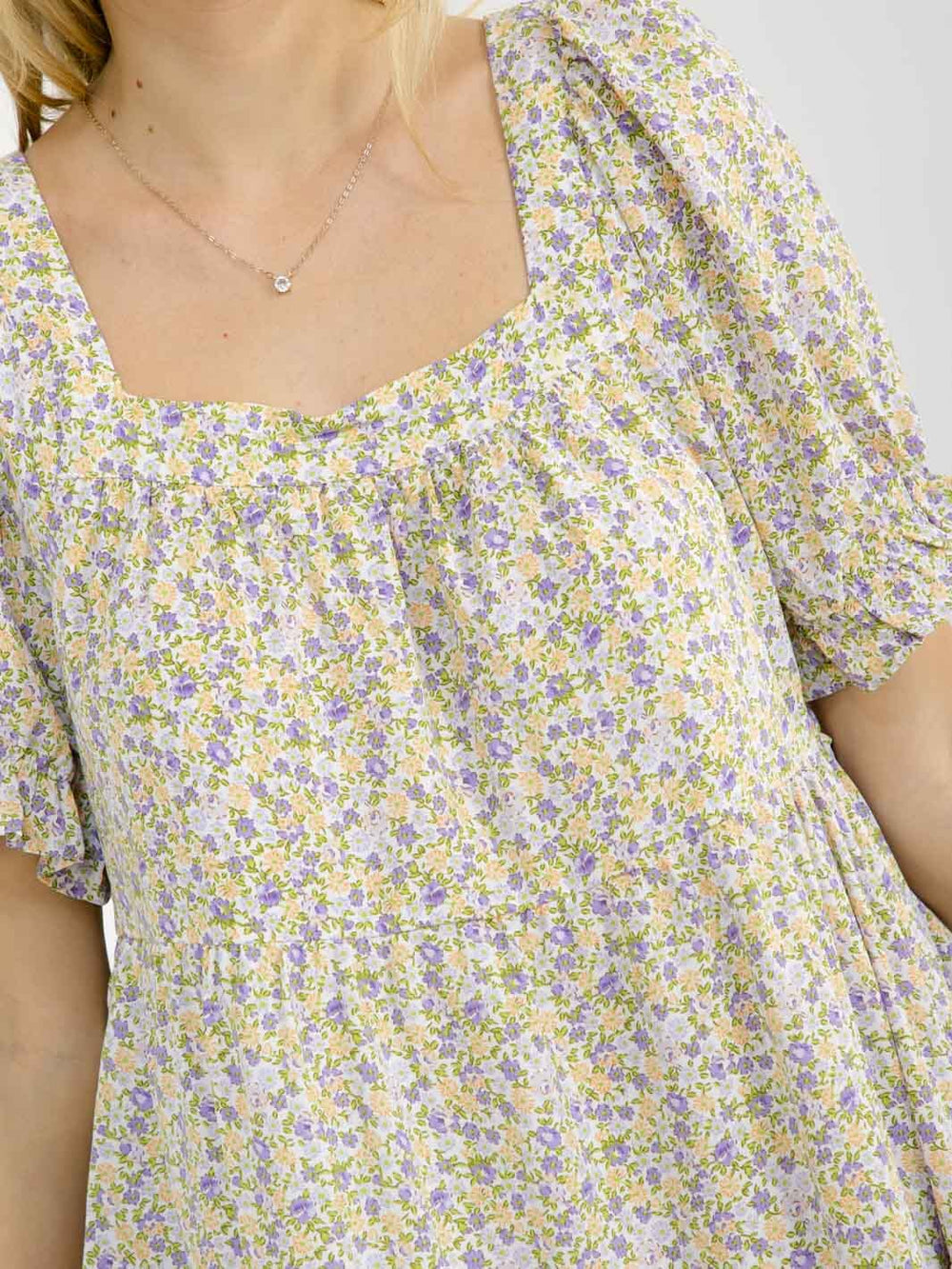 WOMEN'S SHORT SLEEVE SQUARE NECK FRONT POCKETS TIERED LOOSE FIT TUNIC FLORAL MINI DRESS