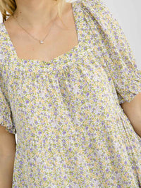 WOMEN'S SHORT SLEEVE SQUARE NECK FRONT POCKETS TIERED LOOSE FIT TUNIC FLORAL MINI DRESS