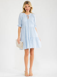 WOMEN'S SHORT SLEEVE V-NECK TIERED TUNIC LINEN MINI DRESS