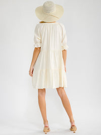 WOMEN'S SHORT SLEEVE V-NECK TIERED TUNIC LINEN MINI DRESS