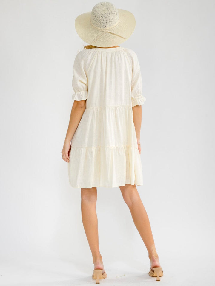 WOMEN'S SHORT SLEEVE V-NECK TIERED TUNIC LINEN MINI DRESS