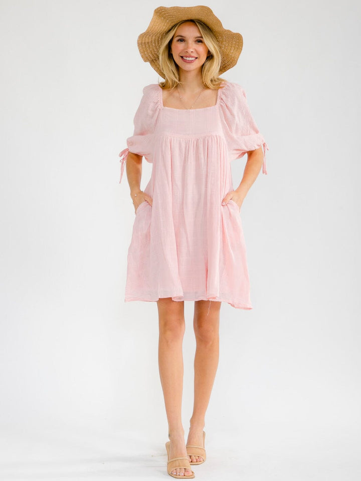 WOMEN'S SHORT SLEEVE SQUARE NECK FRONT POCKETS LOOSE FIT TUNIC MINI DRESS