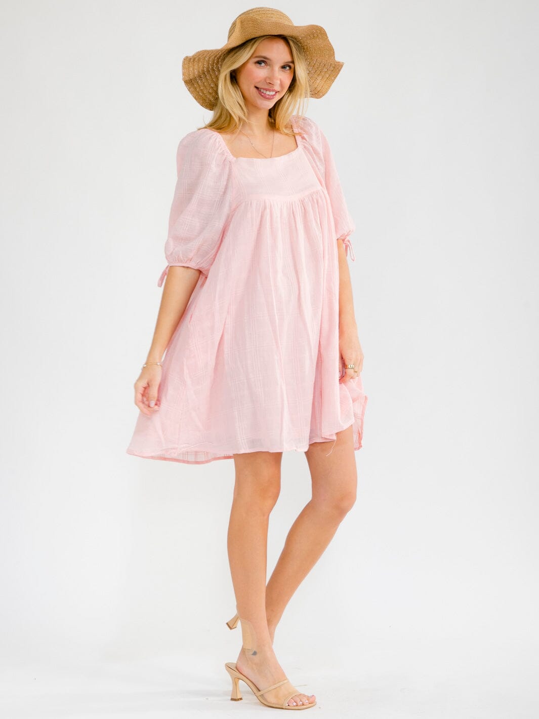 WOMEN'S SHORT SLEEVE SQUARE NECK FRONT POCKETS LOOSE FIT TUNIC MINI DRESS