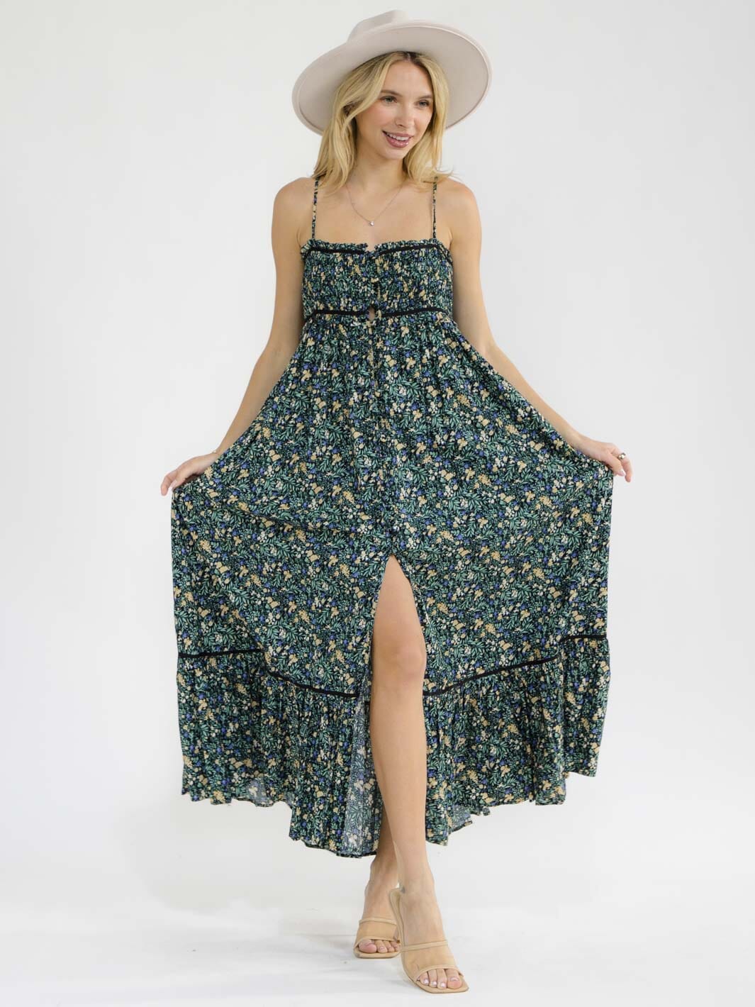 WOMEN'S SLEEVELESS SMOCK BUTTON UP BACK CUT OUT FRONT SLIT FLORAL MAXI DRESS