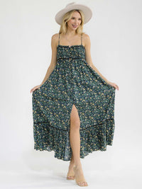 WOMEN'S SLEEVELESS SMOCK BUTTON UP BACK CUT OUT FRONT SLIT FLORAL MAXI DRESS