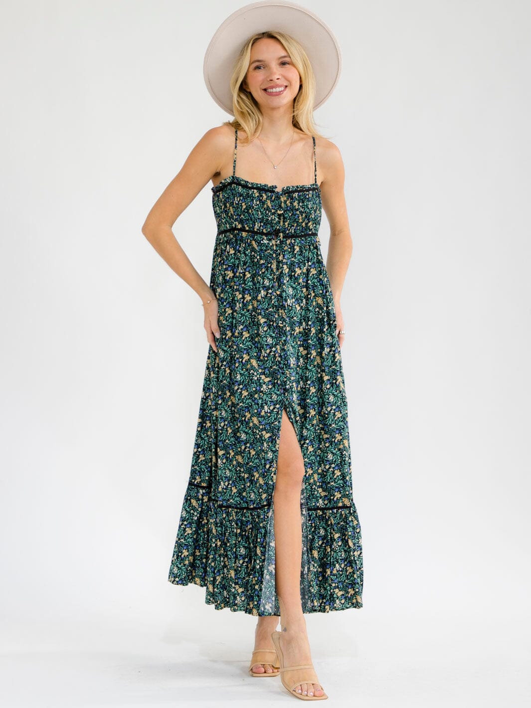 WOMEN'S SLEEVELESS SMOCK BUTTON UP BACK CUT OUT FRONT SLIT FLORAL MAXI DRESS