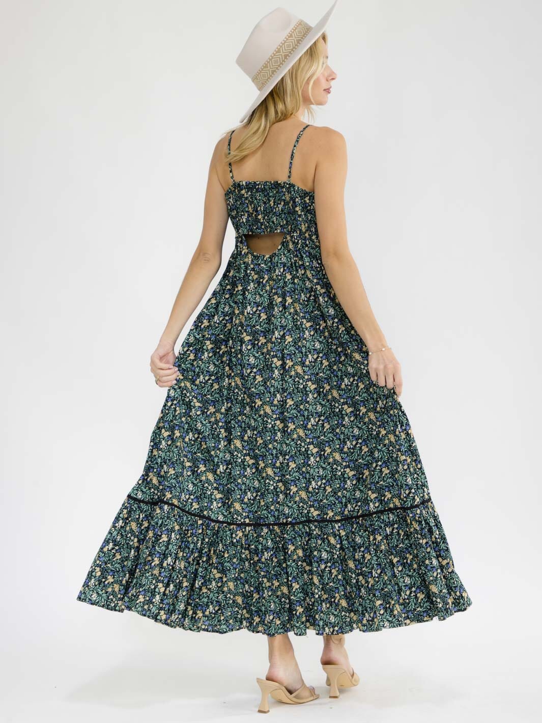 WOMEN'S SLEEVELESS SMOCK BUTTON UP BACK CUT OUT FRONT SLIT FLORAL MAXI DRESS