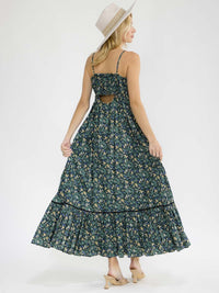 WOMEN'S SLEEVELESS SMOCK BUTTON UP BACK CUT OUT FRONT SLIT FLORAL MAXI DRESS
