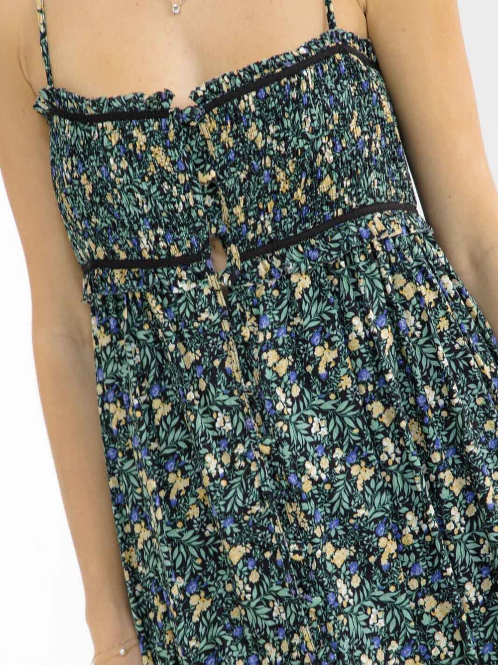 WOMEN'S SLEEVELESS SMOCK BUTTON UP BACK CUT OUT FRONT SLIT FLORAL MAXI DRESS