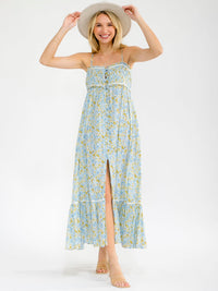 WOMEN'S SLEEVELESS SMOCK BUTTON UP BACK CUT OUT FRONT SLIT FLORAL MAXI DRESS