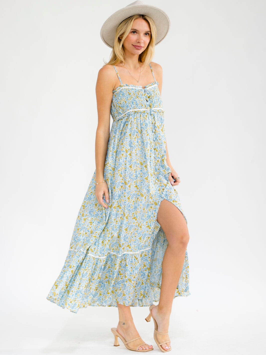 WOMEN'S SLEEVELESS SMOCK BUTTON UP BACK CUT OUT FRONT SLIT FLORAL MAXI DRESS