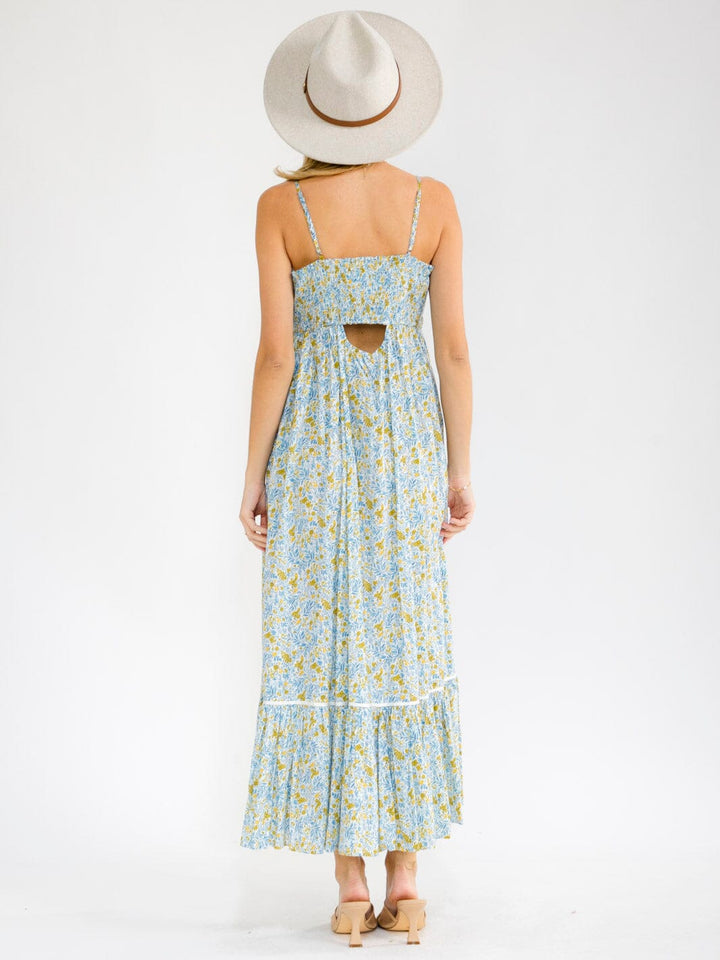 WOMEN'S SLEEVELESS SMOCK BUTTON UP BACK CUT OUT FRONT SLIT FLORAL MAXI DRESS