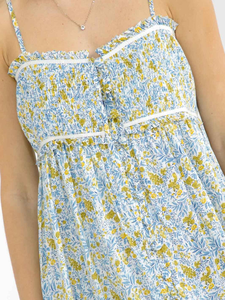 WOMEN'S SLEEVELESS SMOCK BUTTON UP BACK CUT OUT FRONT SLIT FLORAL MAXI DRESS