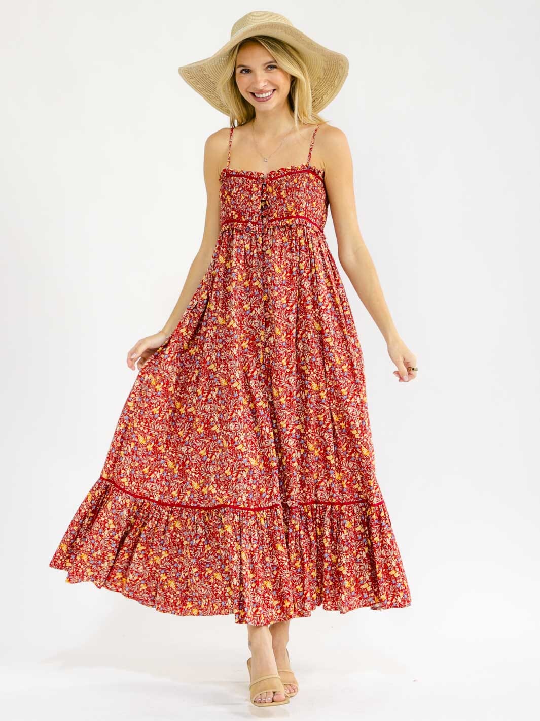 WOMEN'S SLEEVELESS SMOCK BUTTON UP BACK CUT OUT FRONT SLIT FLORAL MAXI DRESS