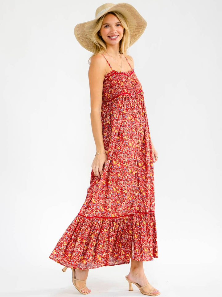 WOMEN'S SLEEVELESS SMOCK BUTTON UP BACK CUT OUT FRONT SLIT FLORAL MAXI DRESS