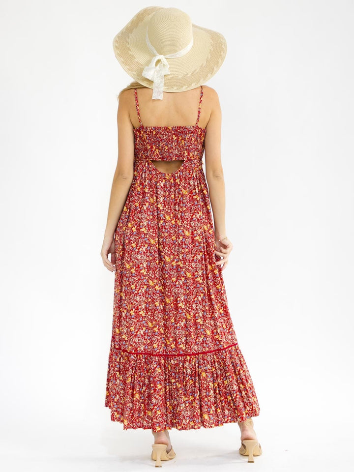 WOMEN'S SLEEVELESS SMOCK BUTTON UP BACK CUT OUT FRONT SLIT FLORAL MAXI DRESS