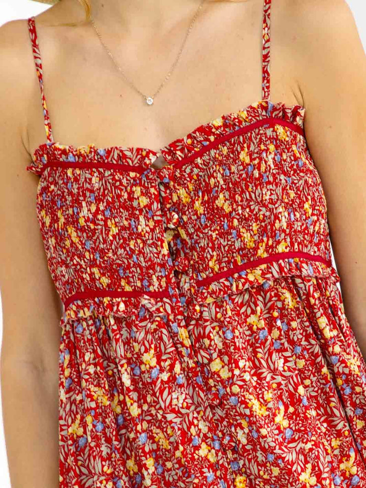 WOMEN'S SLEEVELESS SMOCK BUTTON UP BACK CUT OUT FRONT SLIT FLORAL MAXI DRESS