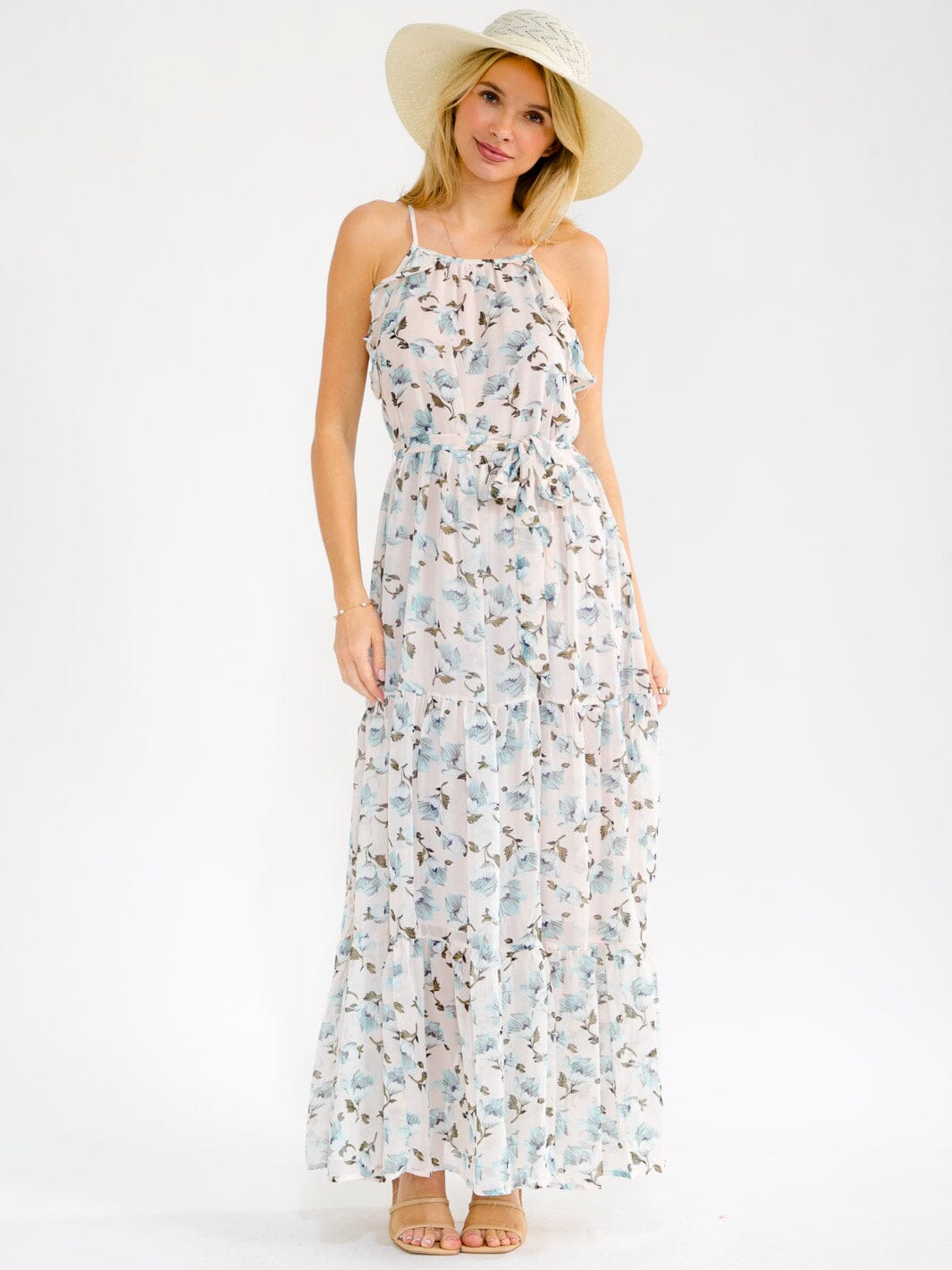 WOMEN'S SLEEVELESS RUFFLE TIERED FLORAL MAXI DRESS