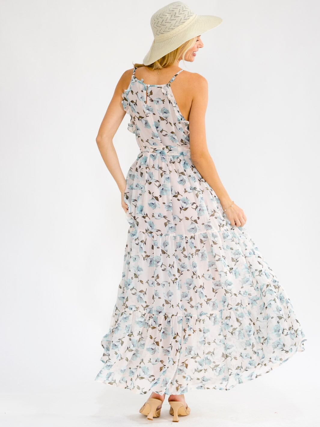 WOMEN'S SLEEVELESS RUFFLE TIERED FLORAL MAXI DRESS